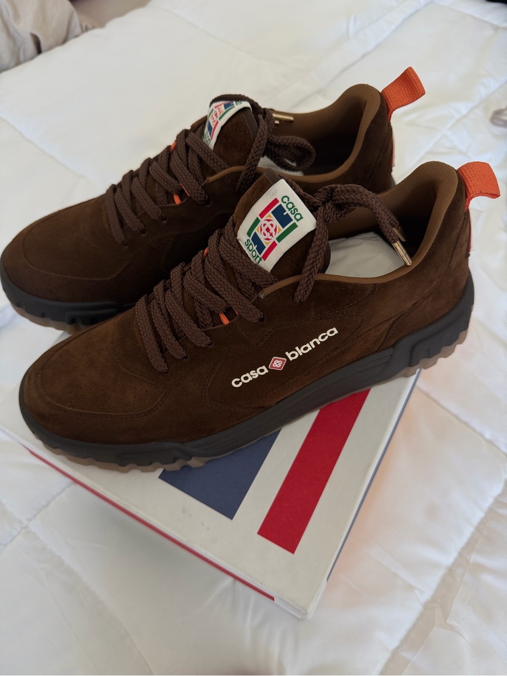 Casa Blanca Men's Chocolate Brown Suede Sneakers with Orange Pull Tab